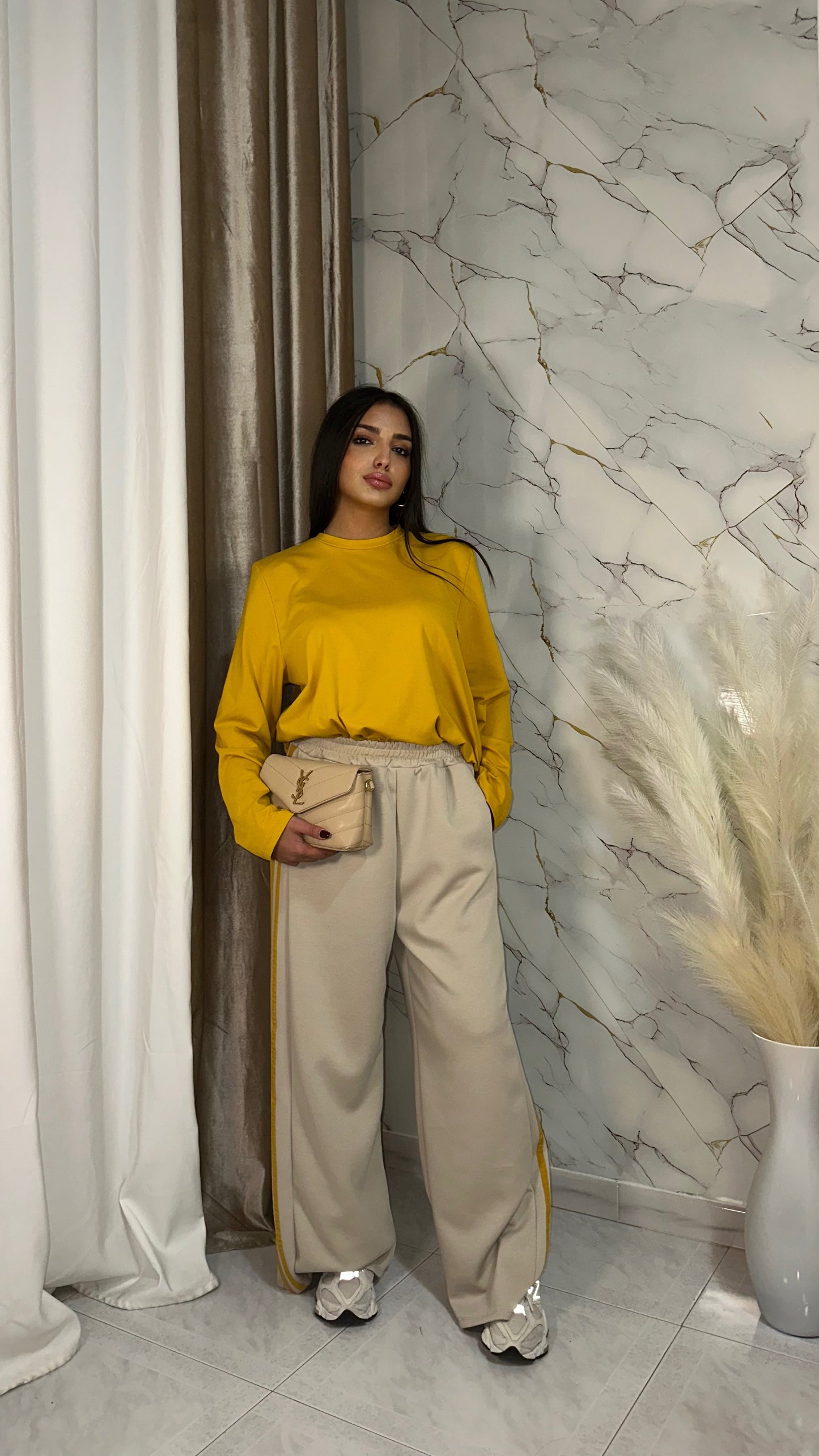 PANTATUTA BEIGE CON BANDE SENAPE