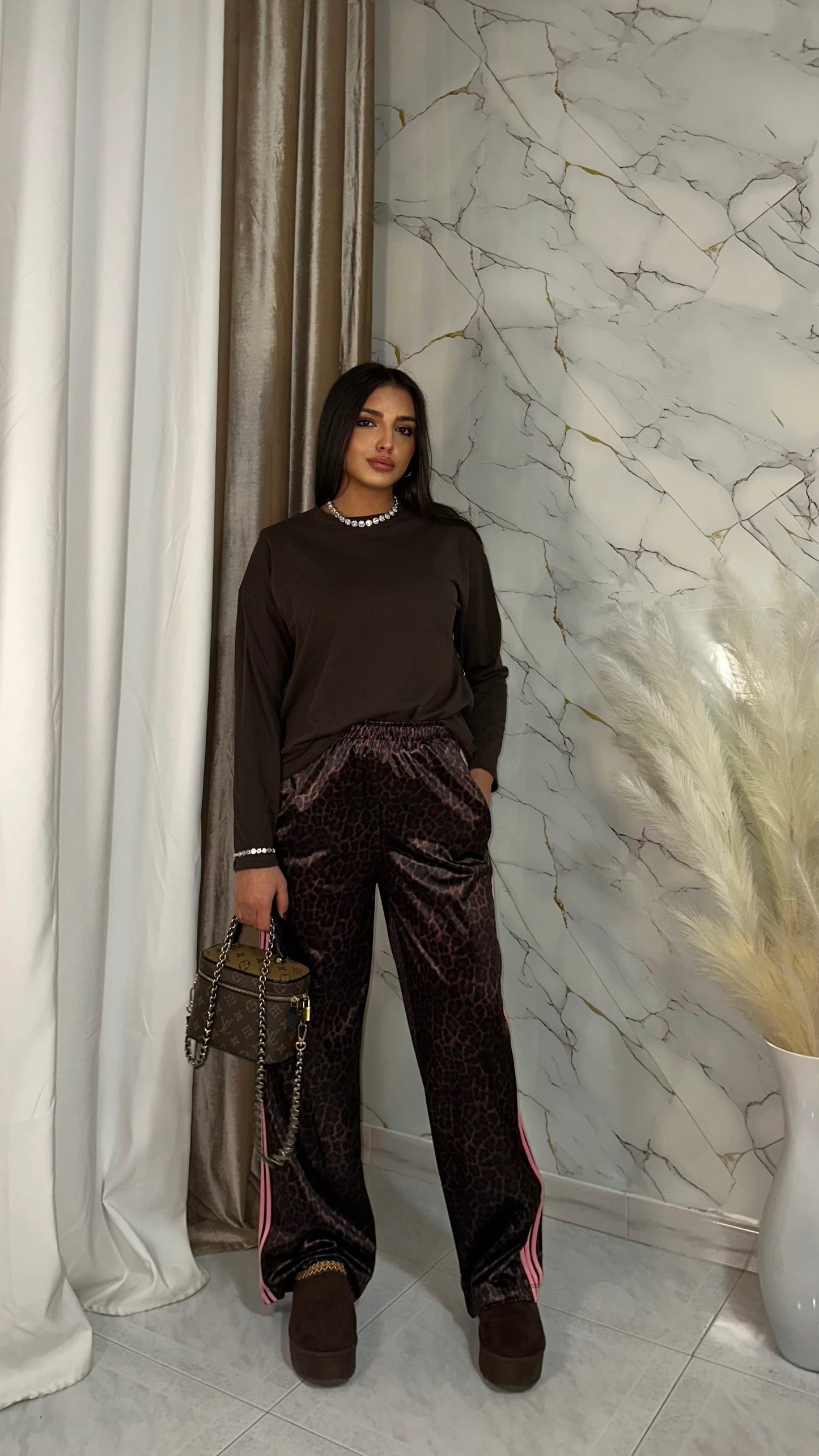 PANTATUTA ACETATO ANIMALIER CON BANDE ROSA