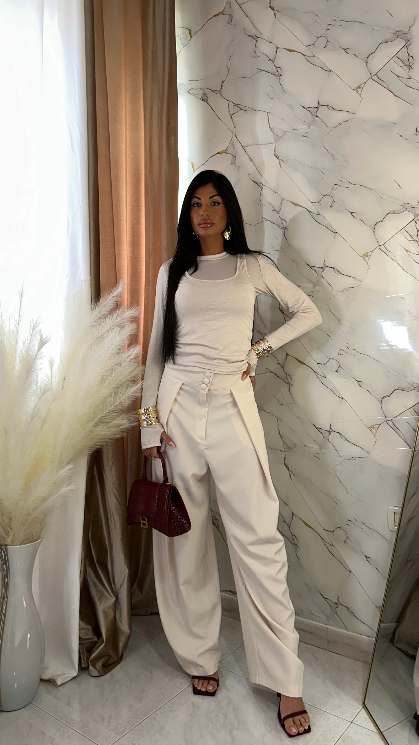 PANTALONI BOTTON ELEGANT ÉCRU