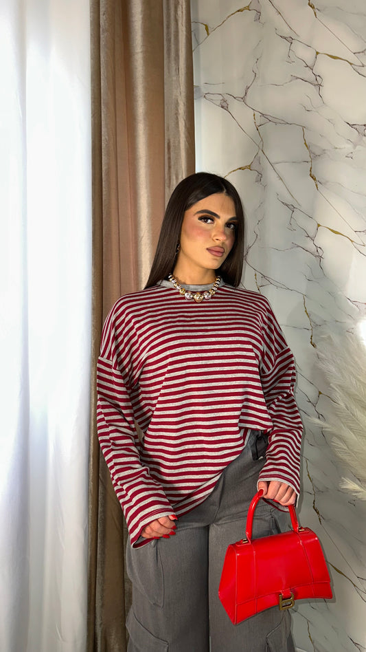 MAGLIA OVER RIGHE GRIGIO-BORDEAUX
