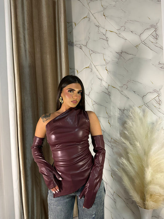 TOP MANICOTTI ECOPELLE BORDEAUX