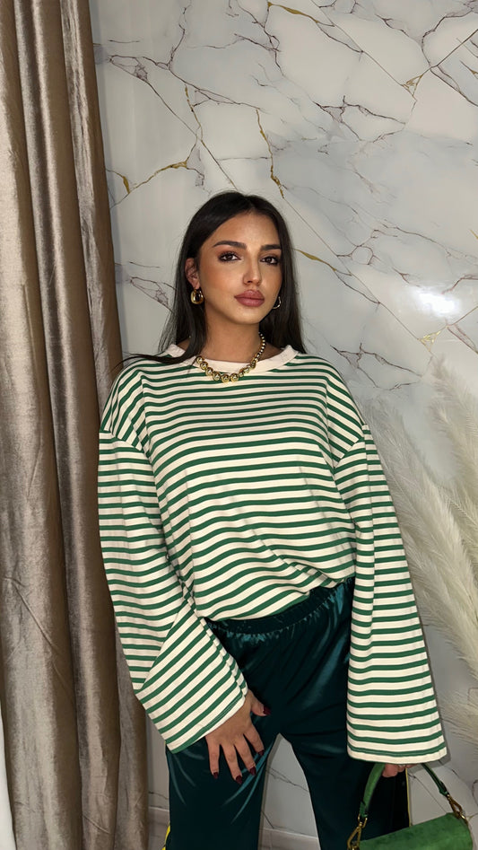 MAGLIA OVER RIGHE PANNA E VERDE