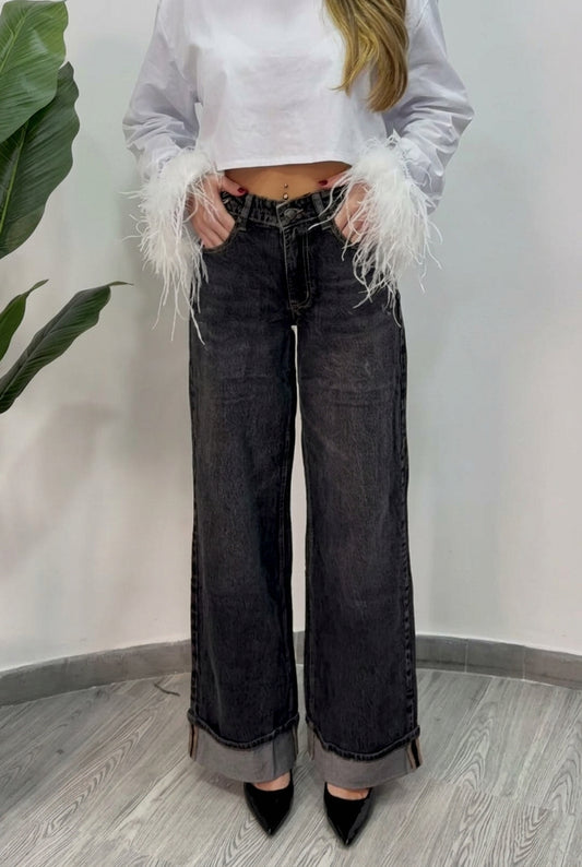 DENIM WIDE LEG PIEGA BLACK