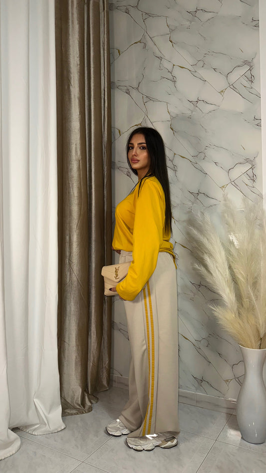 PANTATUTA BEIGE CON BANDE SENAPE