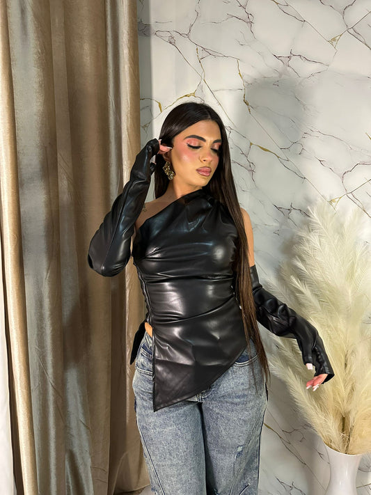 TOP MANICOTTI ECOPELLE BLACK