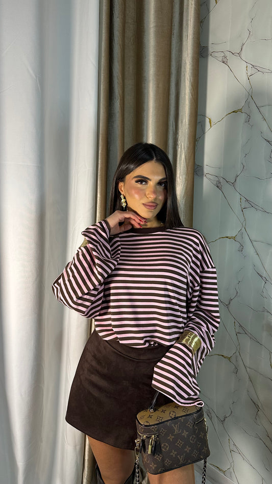 MAGLIA OVER RIGHE ROSA-MARRONE