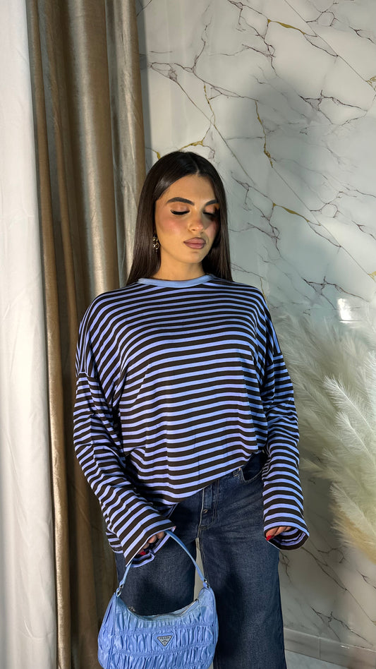 MAGLIA OVER RIGHE AZZURRO-MARRONE