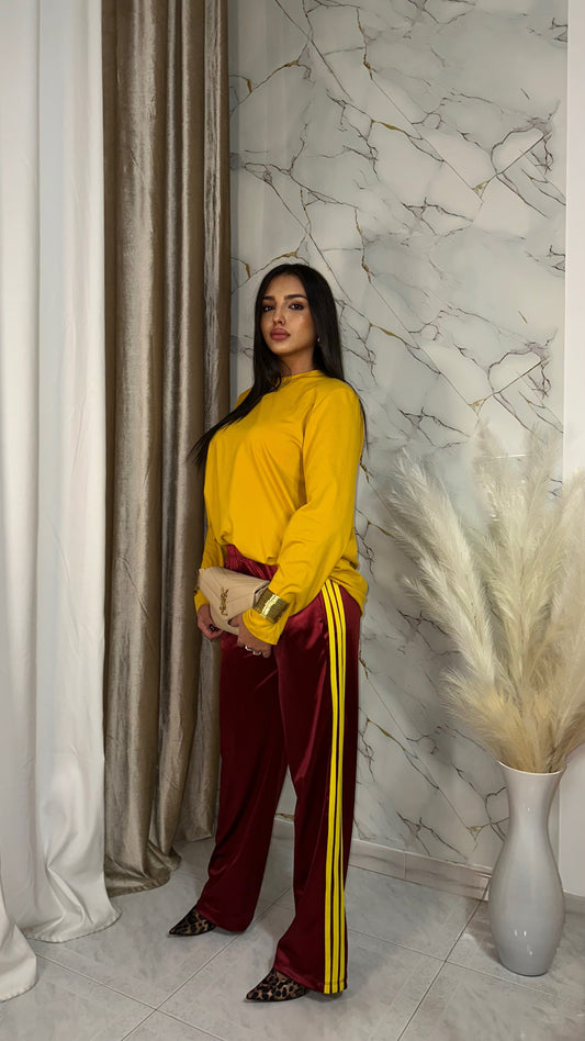 PANTATUTA ACETATO BORDEAUX CON BANDE SENAPE